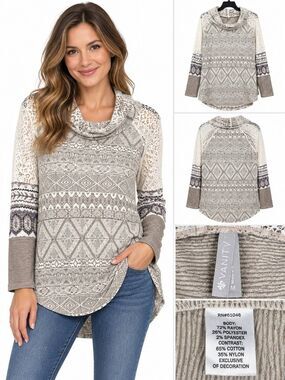 Vanity M Lace Mixed Knit Hoodie Cowl Neck Boho Top